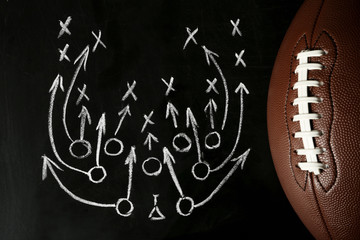 Chalkboard with football game scheme and rugby ball, top view