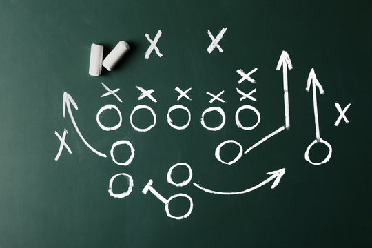 Chalkboard with scheme of football game, top view