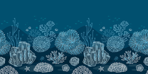 Seamless pattern with corals, algae, fish and starfish. Flat icons with sea plants and symbols. Set of color vector illustrations. © Liudmyla Klymenko