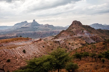 Fototapeta na wymiar Desolate Landscape in the Tigray area in the North of Ethiopia, between Axum and Lalibela
