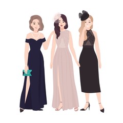 Group of young women in elegant evening dresses standing together and talking or gossiping at party or prom ball. Stylish girls isolated on white background. Flat cartoon vector illustration.
