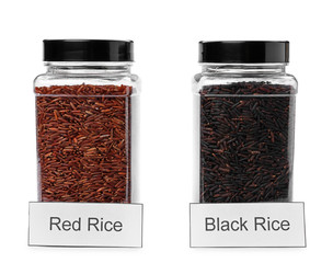 Red and black rice in jars with labels, isolated on white. Mock up for design