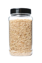 Brown rice in jar, isolated on white. Mock up for design