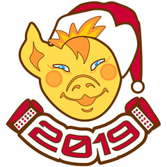 Face Piglet in hat of Santa Claus with an  harmonica and the inscription 2019.Congratulation New year.