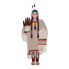 American Indian woman with braids or squaw wearing ethnic tribal clothes. Indigenous peoples of America. Female cartoon character isolated on white background. Colorful flat vector illustration.
