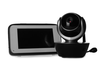 Baby monitor and camera isolated on white. CCTV equipment