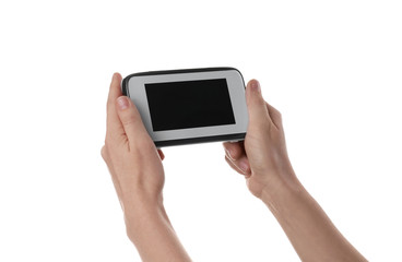 Woman holding baby monitor on white background. CCTV equipment