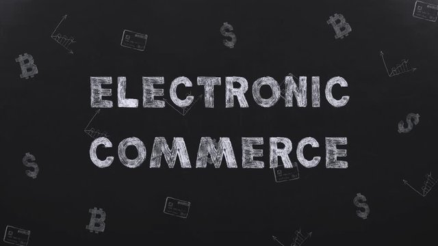Title E-COMMERCE on background drawings dollars, bitcoin and credit card