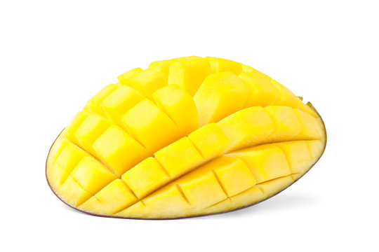 Fresh juicy mango half isolated on white