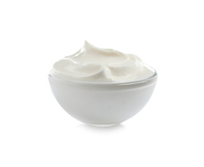 Ceramic bowl with fresh sour cream isolated on white