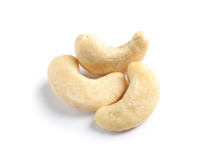 Tasty organic cashew nuts isolated on white