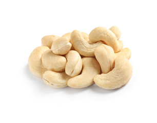 Tasty organic cashew nuts isolated on white