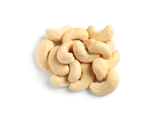 Tasty cashew nuts isolated on white, top view