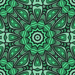 Template Print For Fabric. Pattern Of Floral Mandala Ornament With Border. Illustration. Seamless. For Print Bandana, Shawl, Carpet