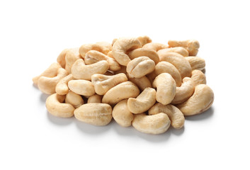 Tasty organic cashew nuts isolated on white