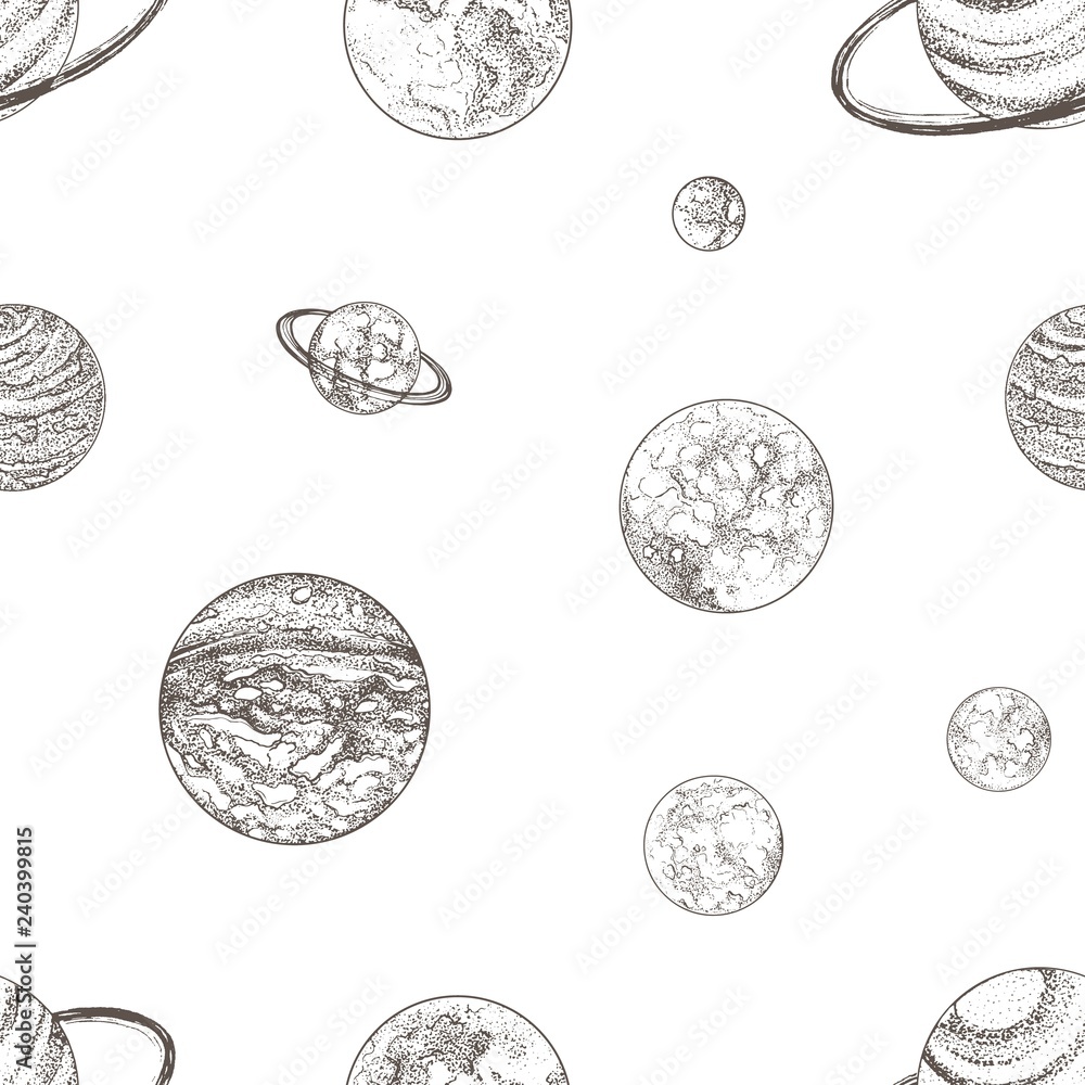 Wall mural seamless pattern with planets of solar system and other celestial bodies in outer space. backdrop wi