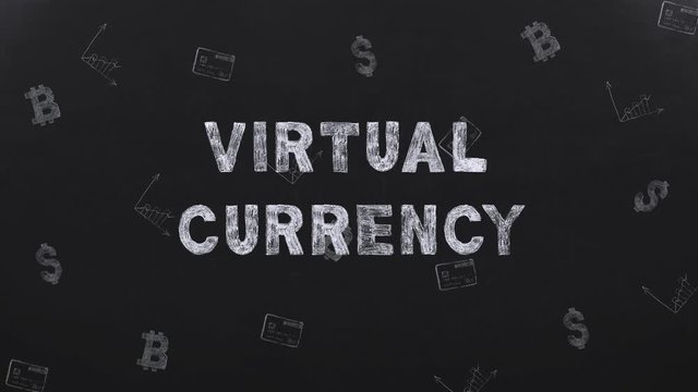 Writing VIRTUAL CURRENCY on black background with signs bitcoin, dollar