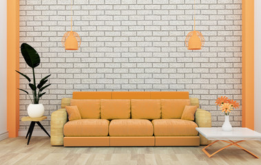Loft interior mock up with sofa and decoration and white brick wall on wooden floor .3D rendering