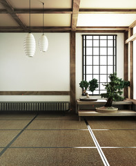 interior design,modern living room with bonsai tree on table,tatami mat floor.3D rendering 