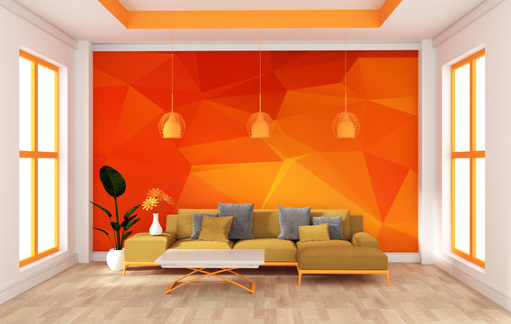 mock up wall in room modern orange style. 3d rendering