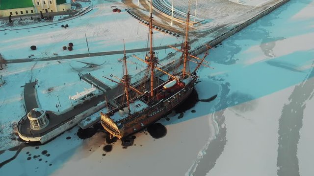 Aerial view of Linear ship Goto Predestination on Admiralty Square at embankment of Voronezh river - popular tourist place in Voronezh city, Russia