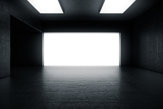 Empty dark abstract concrete room with the gate and glowing light. Interior concept background. 3d illustration