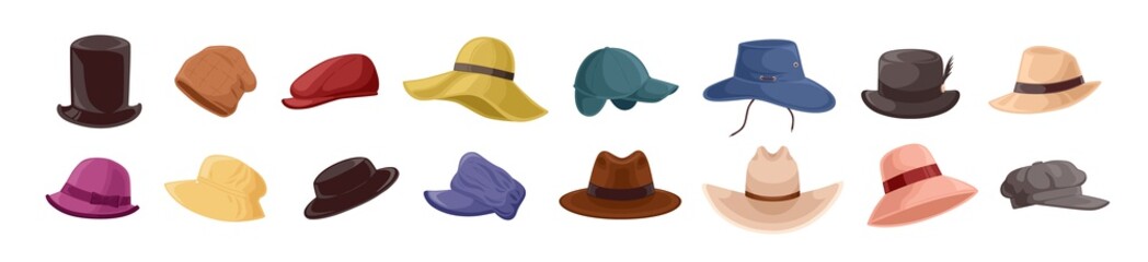 Collection of stylish men s and women s headwear of various types - hats, caps, kepi isolated on white background. Bundle of fashion accessories. Colorful vector illustration in flat cartoon style. - obrazy, fototapety, plakaty