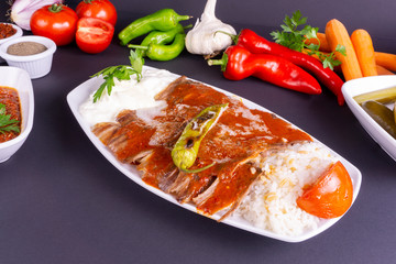 turkish iskender kebab with vegetables
