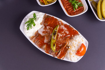 turkish iskender kebab top view