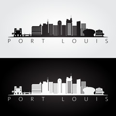 Port Louis skyline and landmarks silhouette, black and white design, vector illustration. - obrazy, fototapety, plakaty
