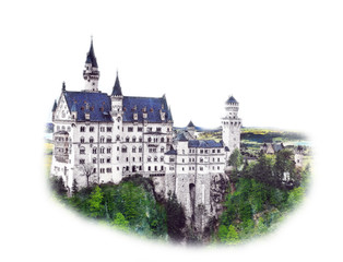 Munich,Bavaria,Germany. Neuschwanstein Castle in sketch style. Watercolor illustration of Historical showplace for print, souvenirs, postcards, t-shirts, decoration. - obrazy, fototapety, plakaty