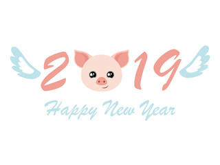Happy New Year 2019 card design with cartoon pigs face. Chinese symbol of the 2019 year. Vector illustration