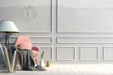 Modern interior with chair. Wall mock up. 3d illustration.