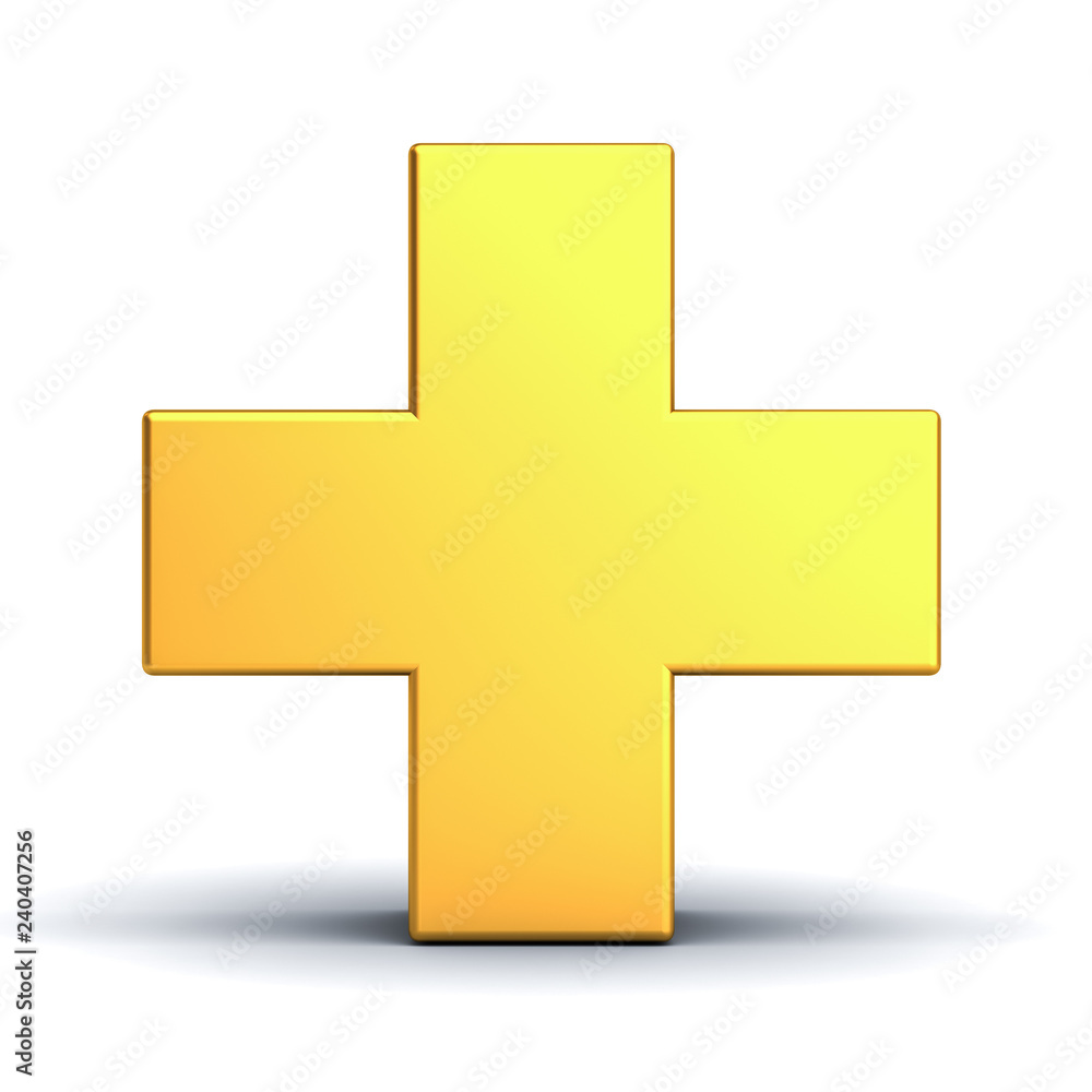 Poster Gold plus sign isolated on white background with shadow and reflection  3D rendering