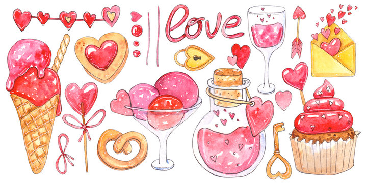 Watercolor set of elements for Valentine's day. Hand painted ice cream, cake, cookie. Perfect for design of wedding invitations, greeting cards, postcards, invitations, children's books..