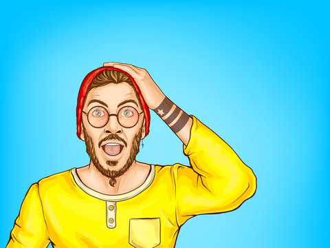 Perplexed, shocked or surprised hipster man in glasses holding hand on head, opens his mouth being amazed pop art vector illustration on blue background. Unbelievable big sale concept with copyspace