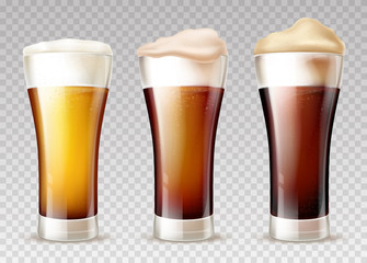 Freshly brewed, various grades of craft beer poured in glossy weizen glasses with foam pours out on top 3d realistic vector set isolated on transparent background. Beer, ale or lager types collection