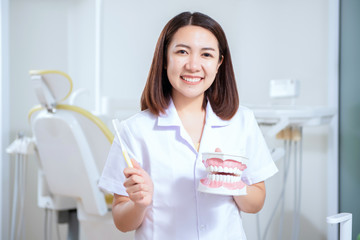 Portrait of female dentist standing in dental office