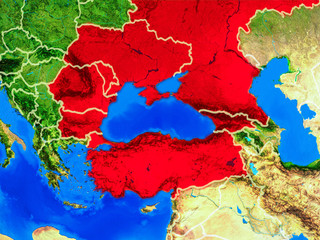 Black Sea Region from space on model of planet Earth with country borders and very detailed planet surface.