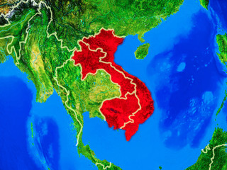 Indochina from space on model of planet Earth with country borders and very detailed planet surface.