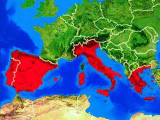 Southern Europe from space on model of planet Earth with country borders and very detailed planet surface.