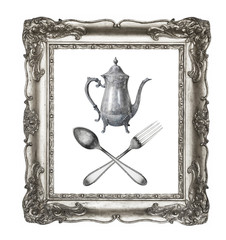 Vintage beautiful silver rectangular frame with an ornament, teapot and crossed spoon with fork isolated on white. Retro style.