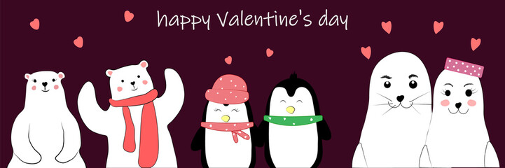 set of loving couples of seals, bears and penguins on a dark background.