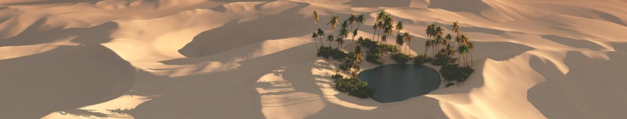 Oasis in the sandy desert at sunset, palm trees above the water in the sand desert,
