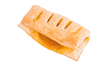 Sweet pastry with puff pastry and lemon jam on white background closeup