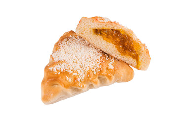 Delicious sweet pies with filling, jam on white background. close up