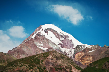 Snowy peak of Kazbek mountain near Stepantsminda, Georgia