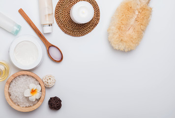 Spa, massage and body care items and products, top view.