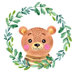 Watercolor illustration with cute bear, flower and leawes