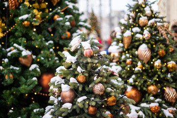 Christmas decorations with Christmas tree and gifts new year, toned, winter season